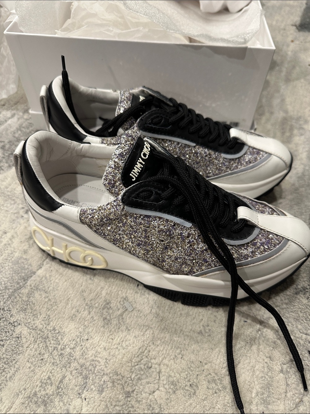 Jimmy Choo raine White & Silver Glitter Platform Runner Sneaker size 38